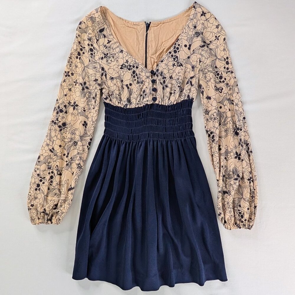VTG Cream Blue Smocked Waist Animals Floral Novelty Print Bell Sleeve Mini Dress